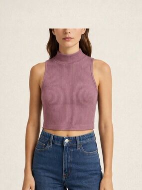 Zara Taupe Ribbed Mock Neck Crop Tank